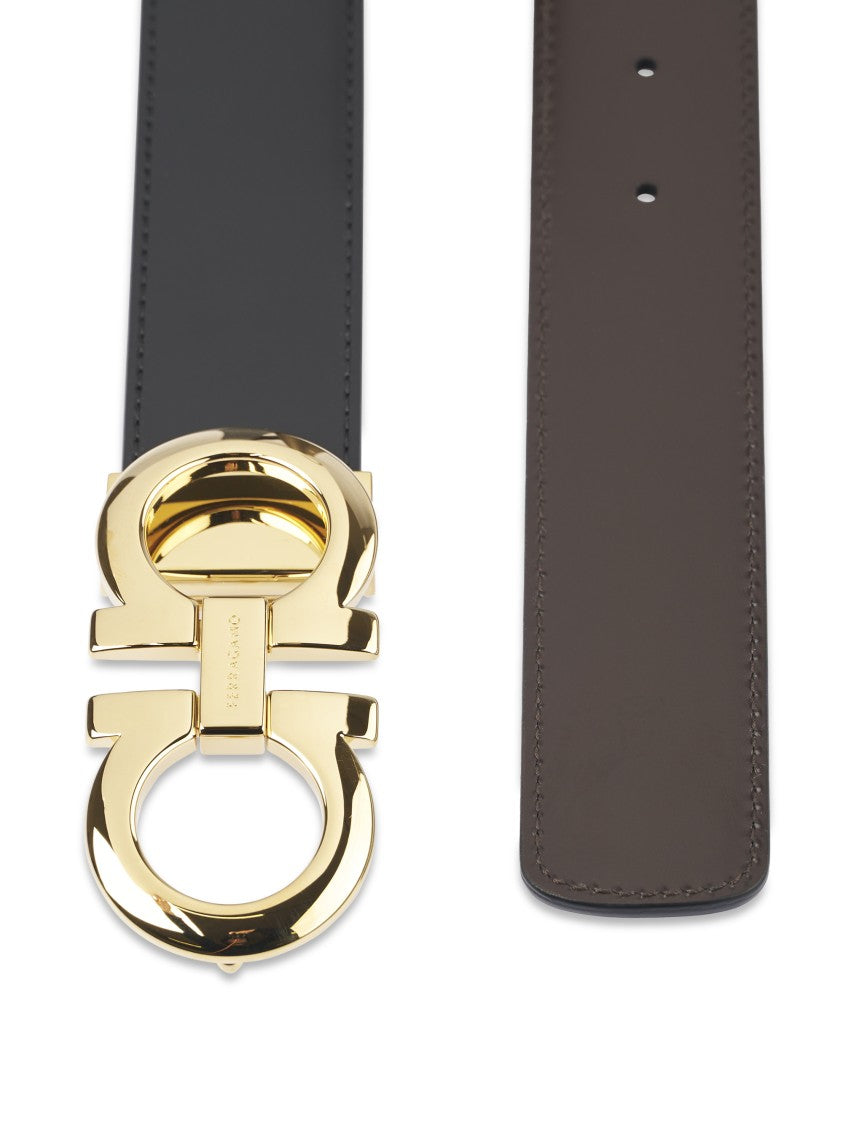 Ferragamo Black Leather Belt With Polished Gold-Tone Buckle