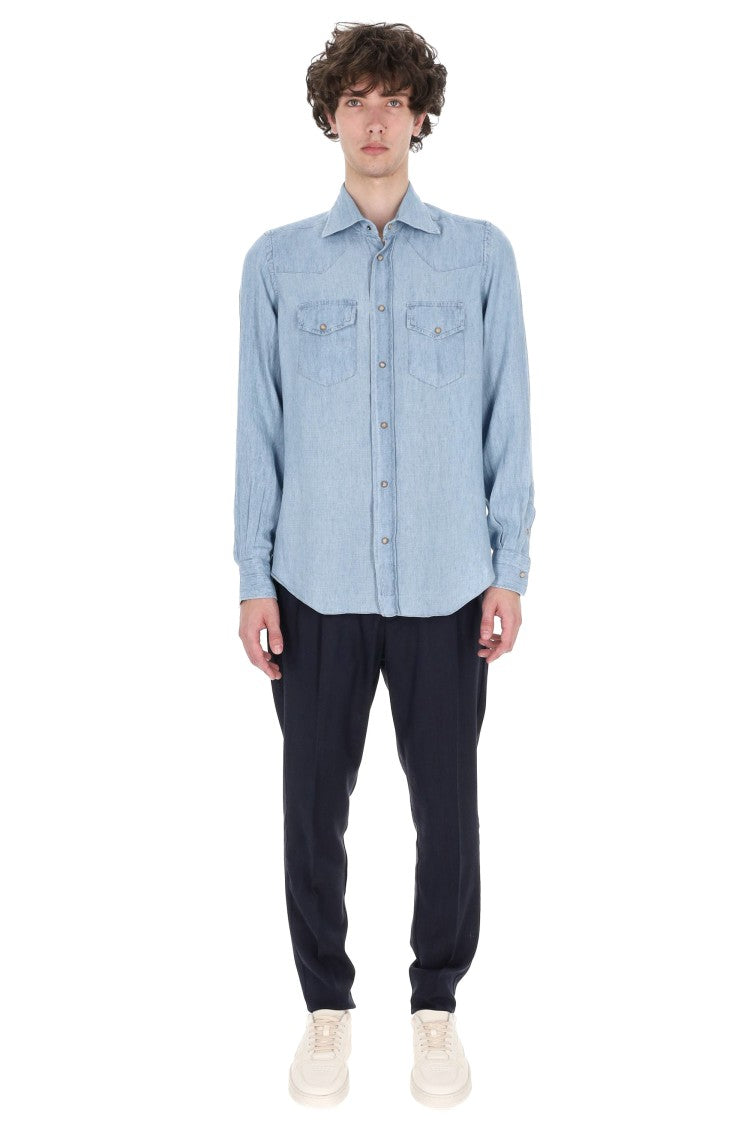 Eleventy Texas Denim Lyocell-Linen Casual Shirt