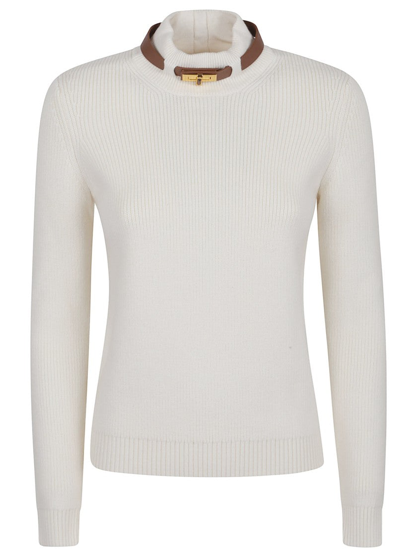 Elisabetta Franchi Wool Blend Sweater With Stand-Up Collar And Gold-Tone Detail
