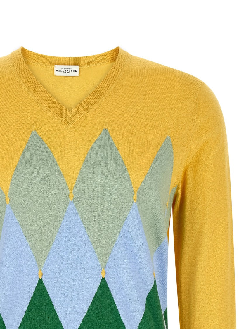 Ballantyne Argyle Jacquard V-Neck Sweater In Cotton And Cashmere Blend