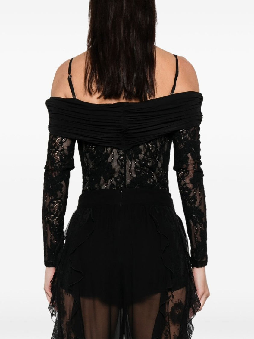 Zimmermann Off-Shoulder Sheer Lace Bodysuit With Floral Embellishments