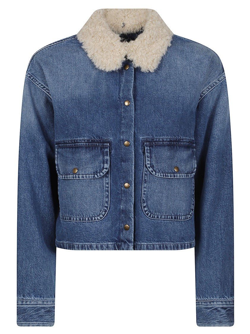 Moncler Cropped Denim Shearling Collar Shirt Jacket