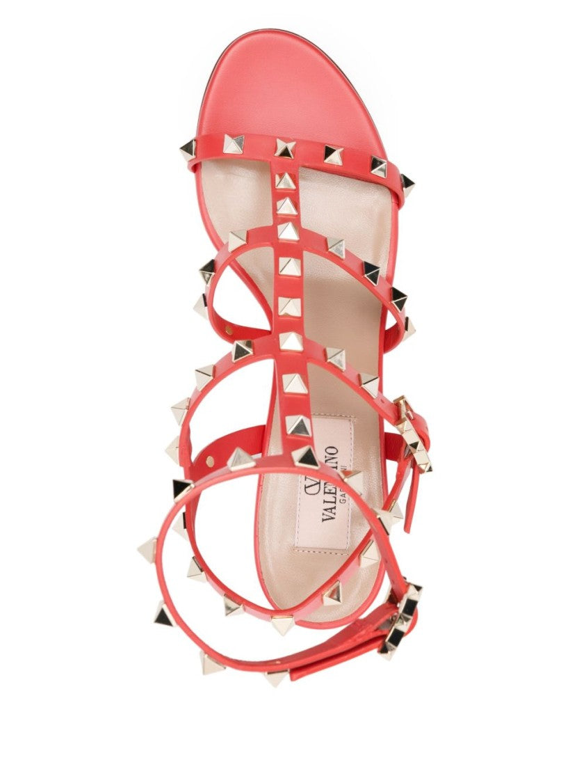 Valentino Garavani Red Leather Rockstud Sandal With Pyramid Studs And Block Heel