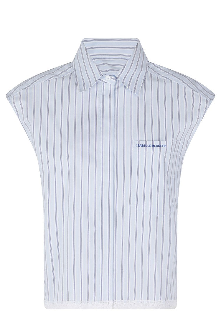 Isabelle Blanche Light Blue Striped Embroidered-Logo Cotton Shirt