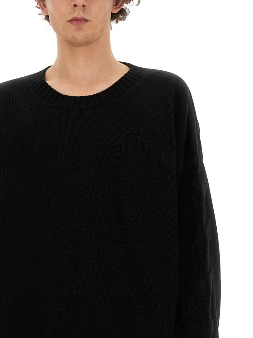 Off-White Black Oversized Sweater With Ribbed Neckline