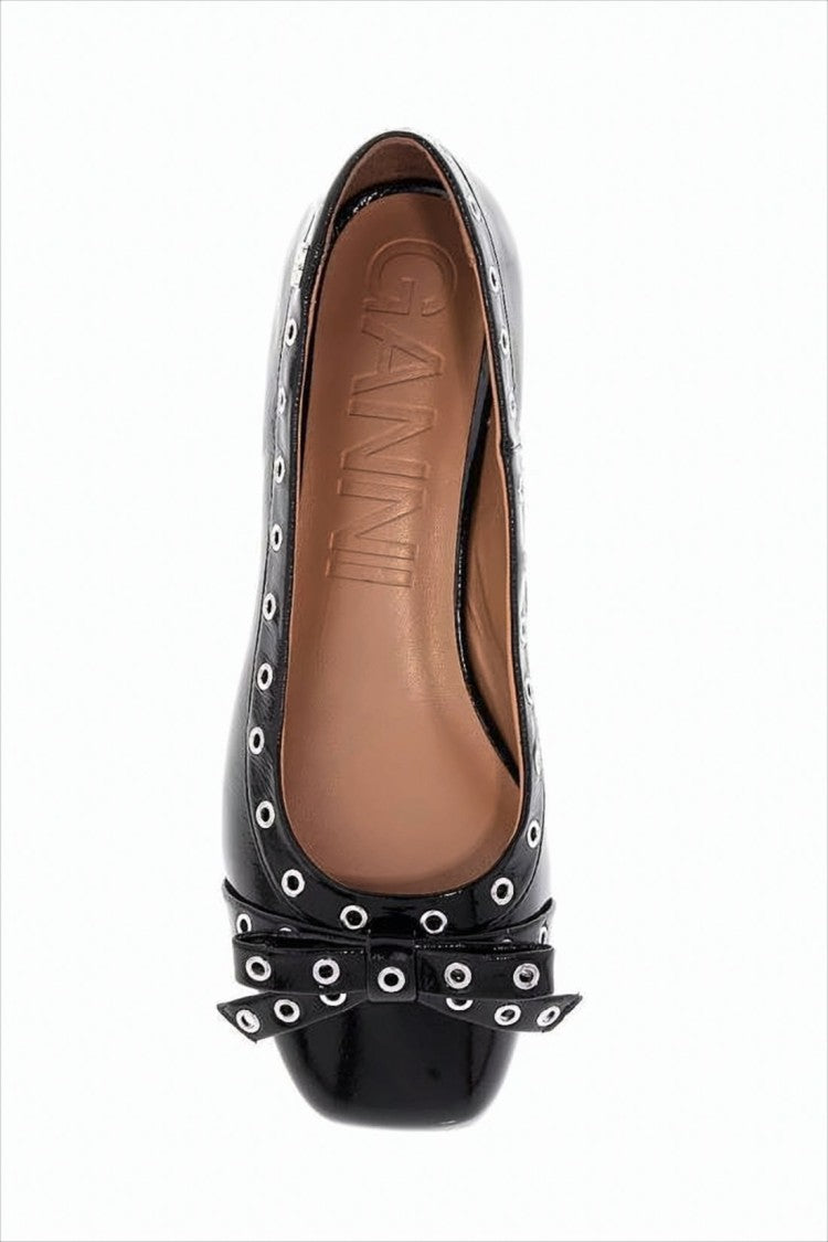 Ganni Glossy Finish Flat Shoes With Eyelet Detailing And Bow Accent