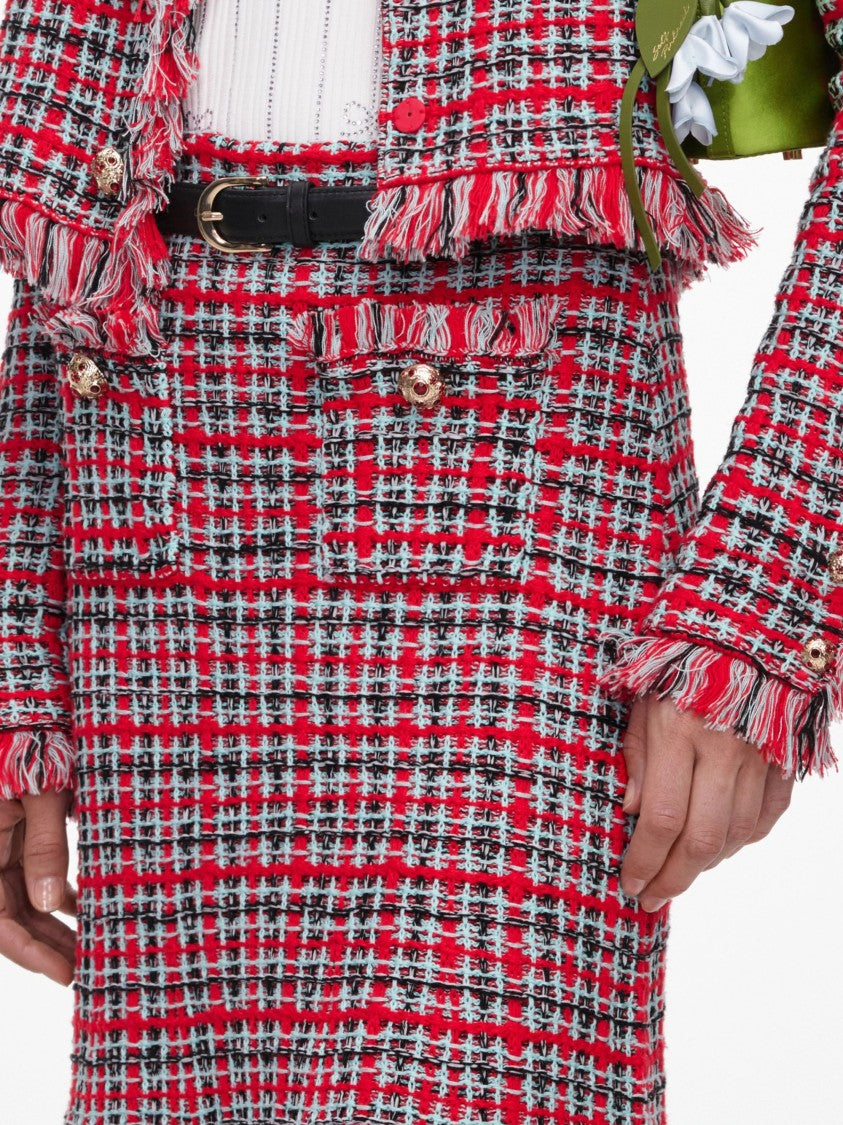 Self-Portrait Red Houndstooth Tweed Gold Button A-Line Midi Skirt