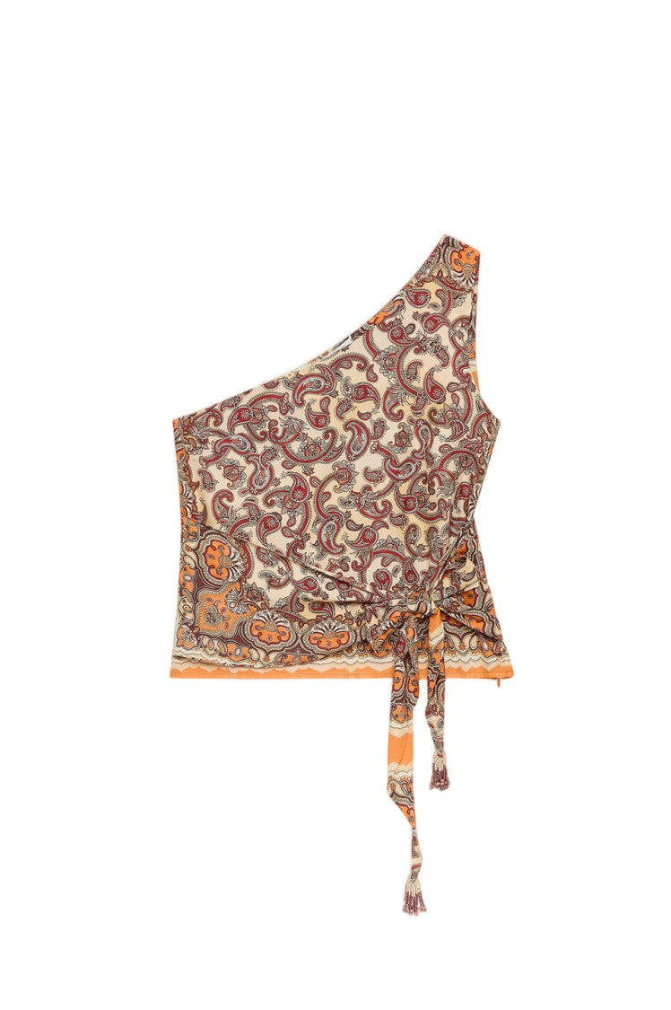 Maliparmi Patchwork Viscose Canvas Embroidered Tie One-Shoulder Top