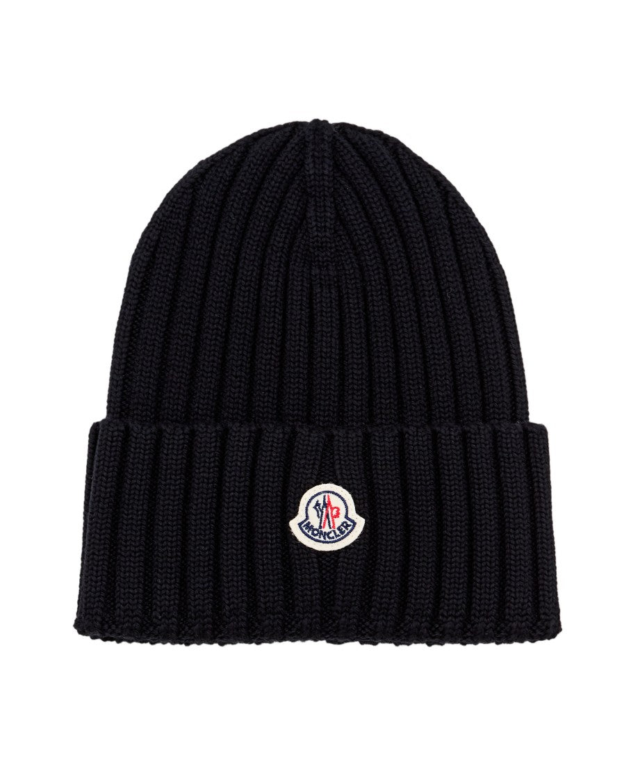 Moncler Black Logo Ribbed Beanie Hat