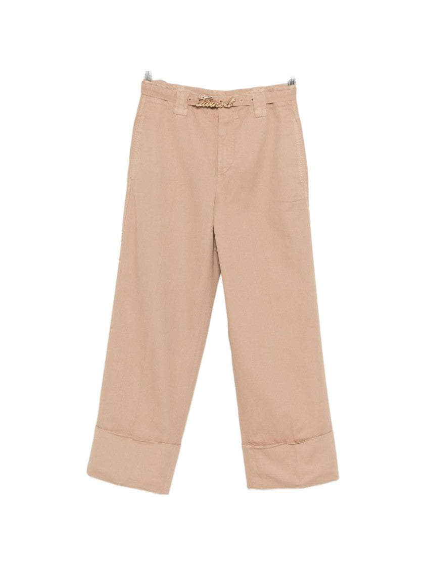 Twin-Set Cropped Beige Wide-Leg Trousers With Gold-Tone Logo Detail