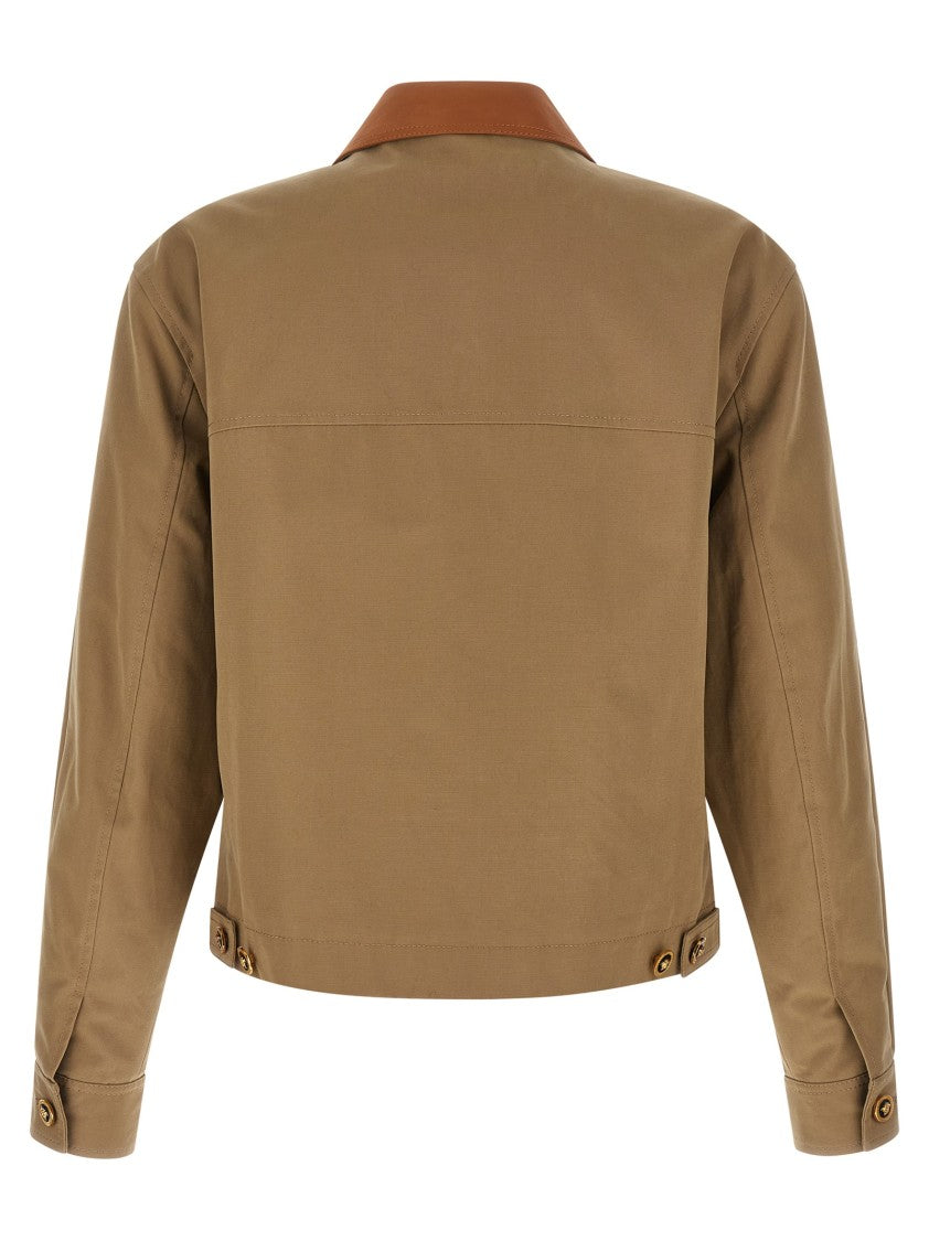 Versace Canvas Jacket With Leather-Covered Collar And Zipped Pocket