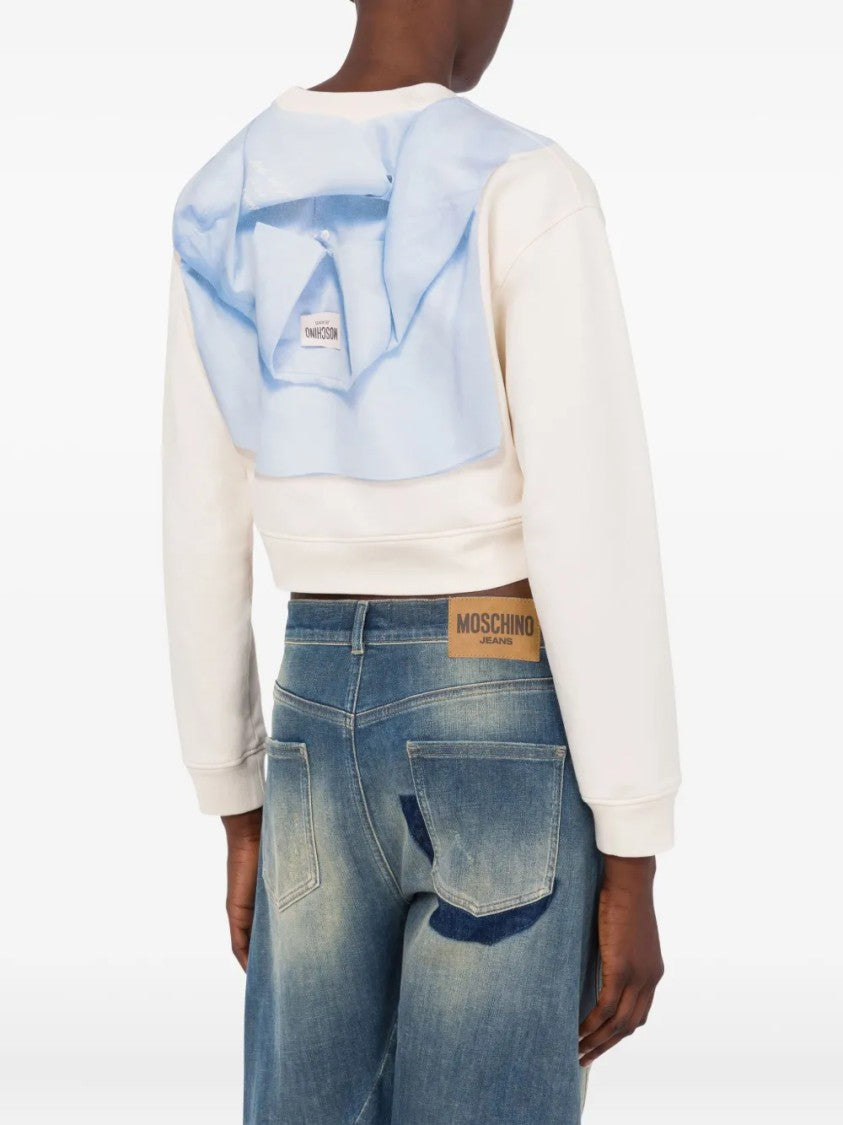 Moschino Cropped Light Beige Sweatshirt With Unique Tied Design