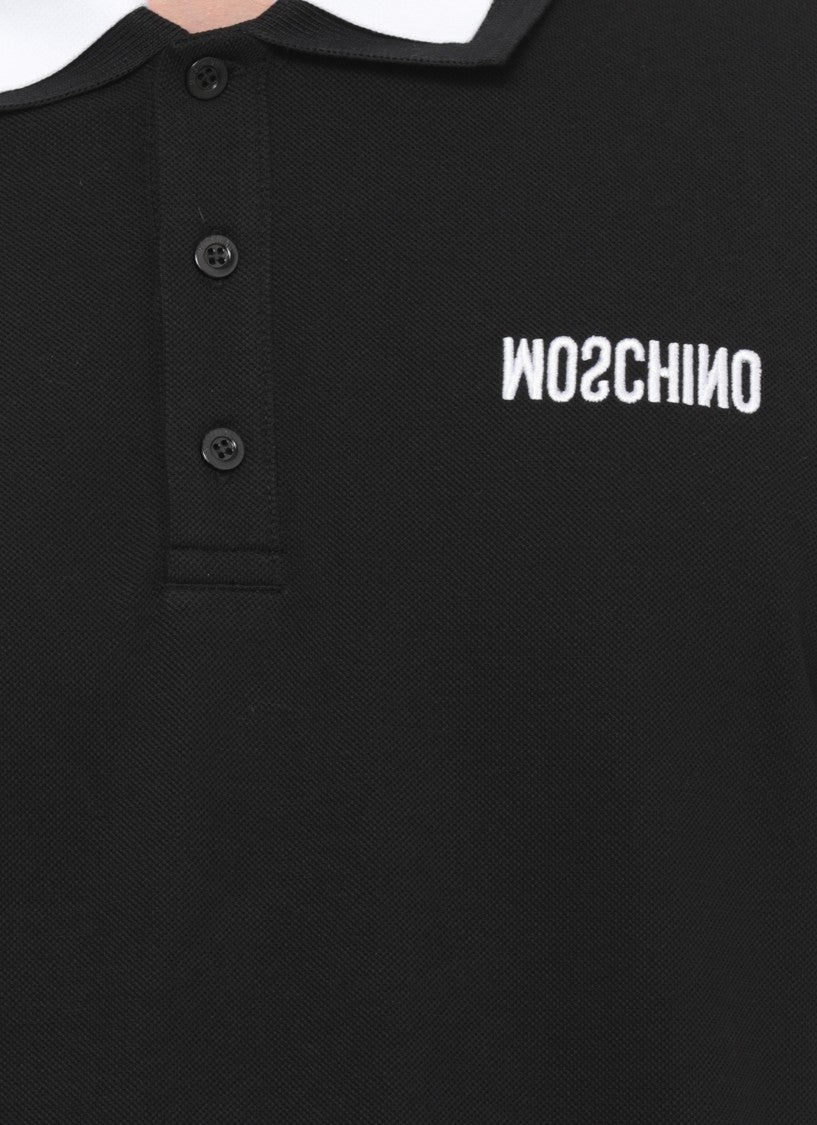 Moschino Black Double Collar Embroidered Logo Cotton Polo Shirt