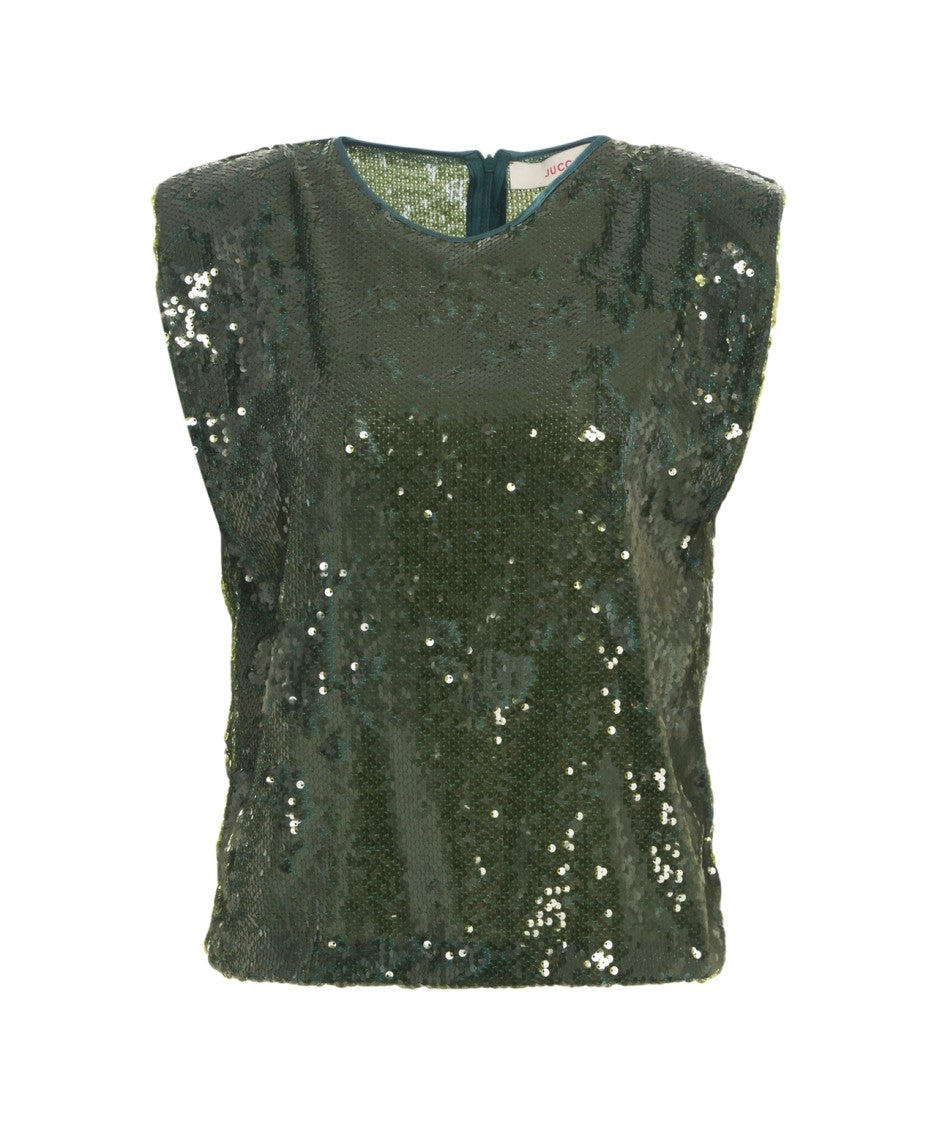 Jucca Sequined Sleeveless Top With Round Neckline And Structured Shoulders
