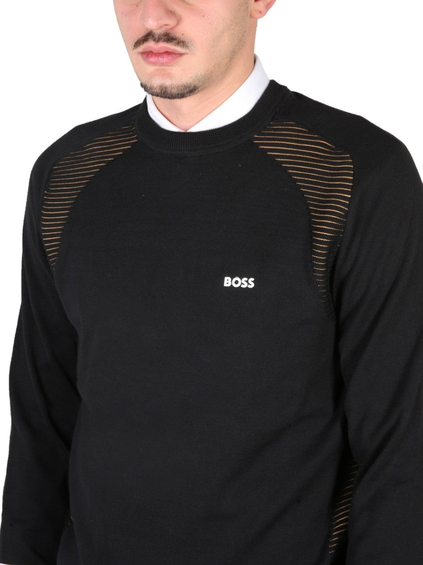 Boss Black Sheer Striped Panel Cotton Sweatshirt