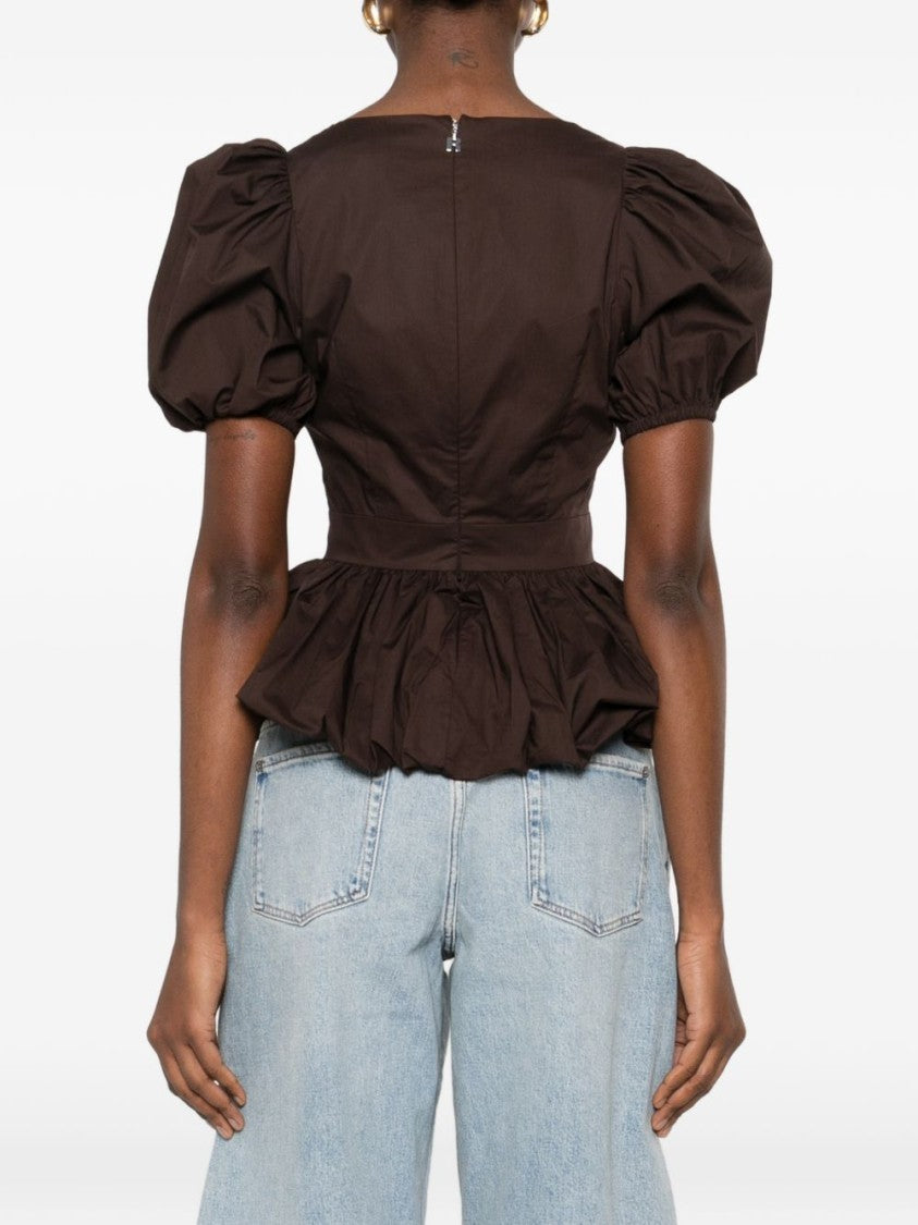 Rotate Deep V-Neck Top With Puff Sleeves And Bow Detail