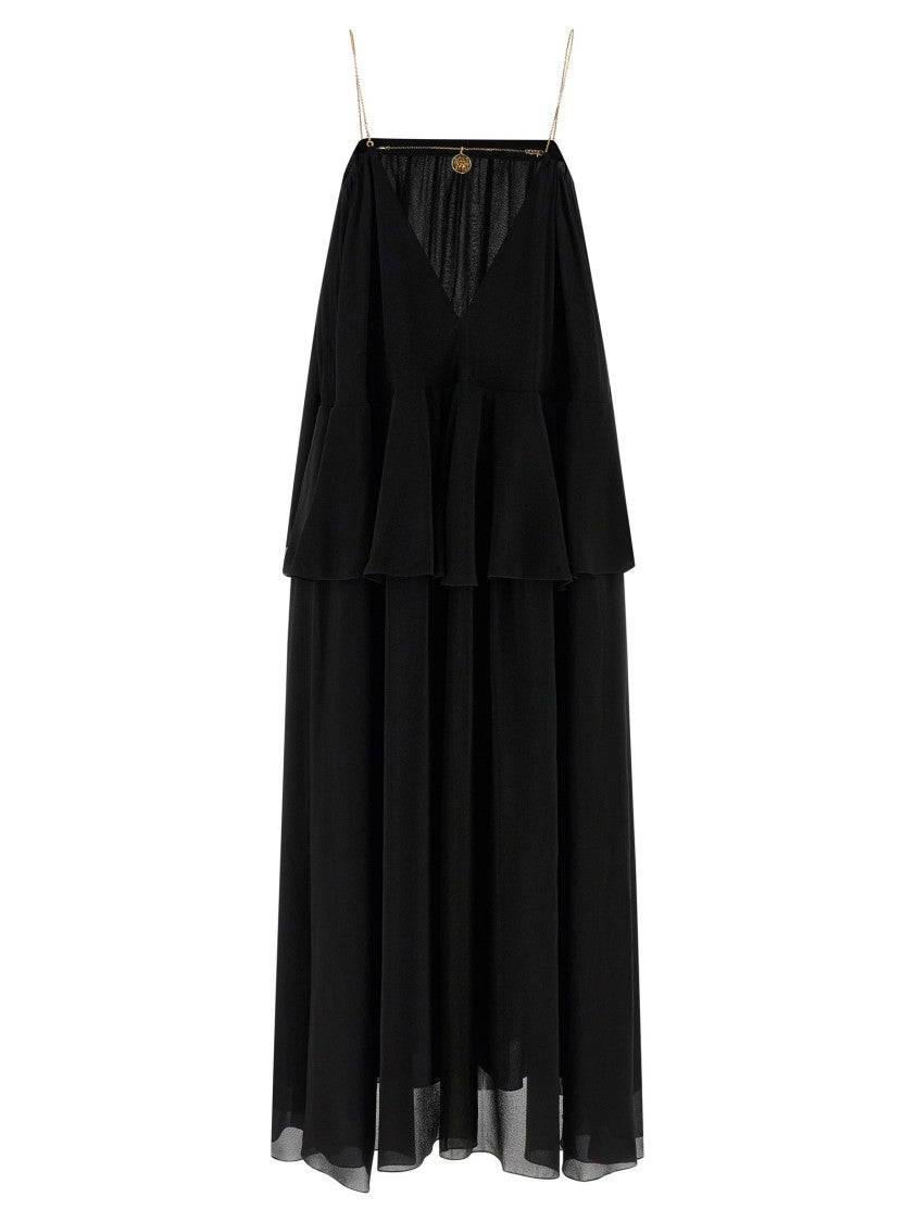 Chloé Black Silk Chiffon Maxi Dress With Gold Chain Straps And Layered Ruffles