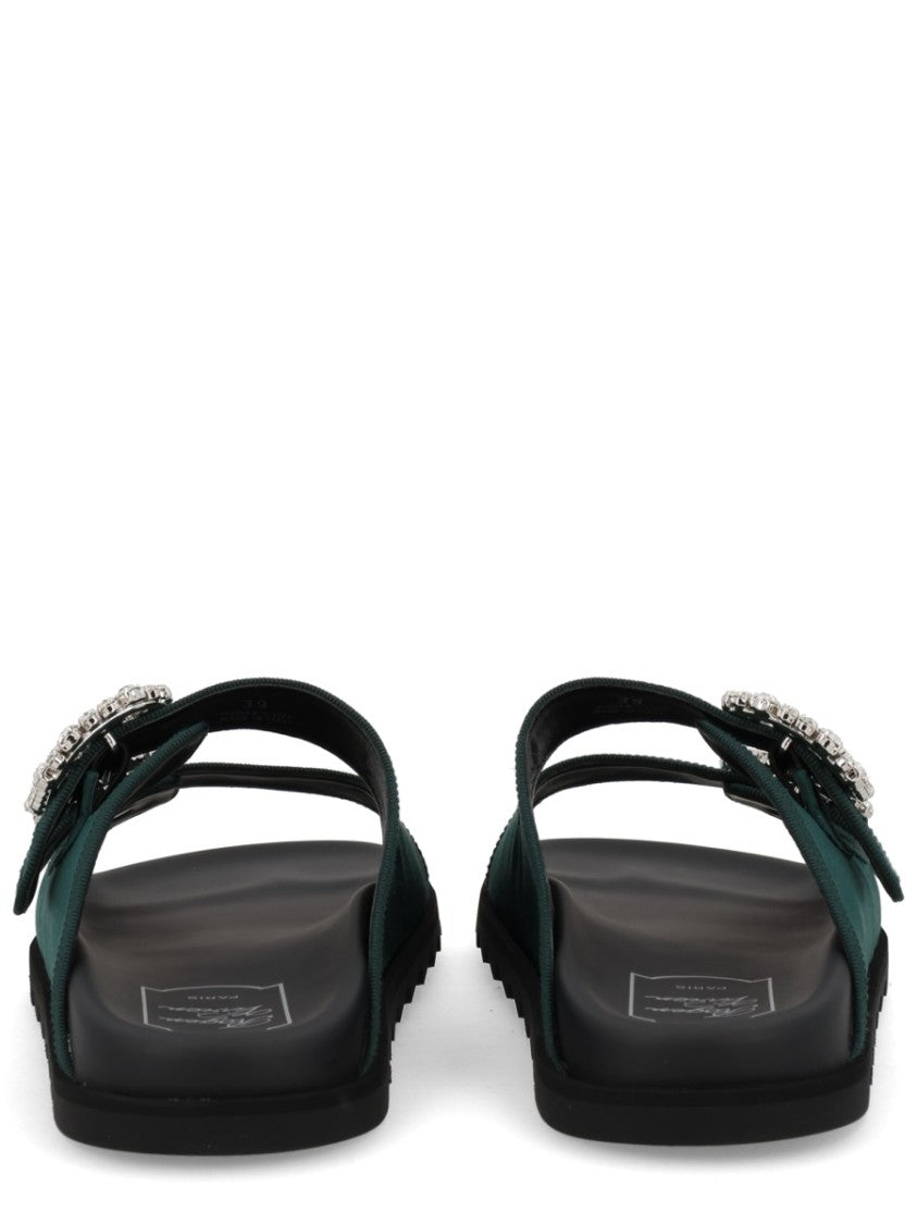 Roger Vivier Slidi Viv Green Textile Crystal Sandals