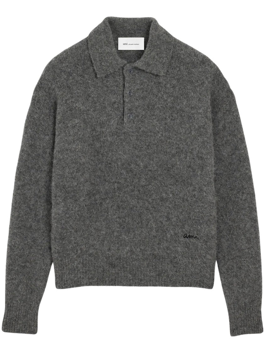 Ami Paris Grey Ami Embroidery Wool-Alpaca Polo Shirt