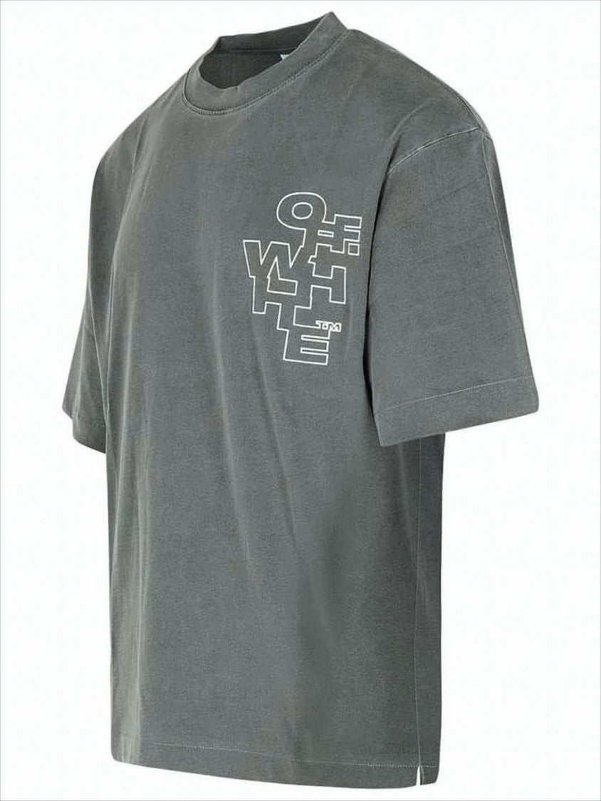 Off-White Boxy Fit Grey Cotton T-Shirt With Graphic Elements
