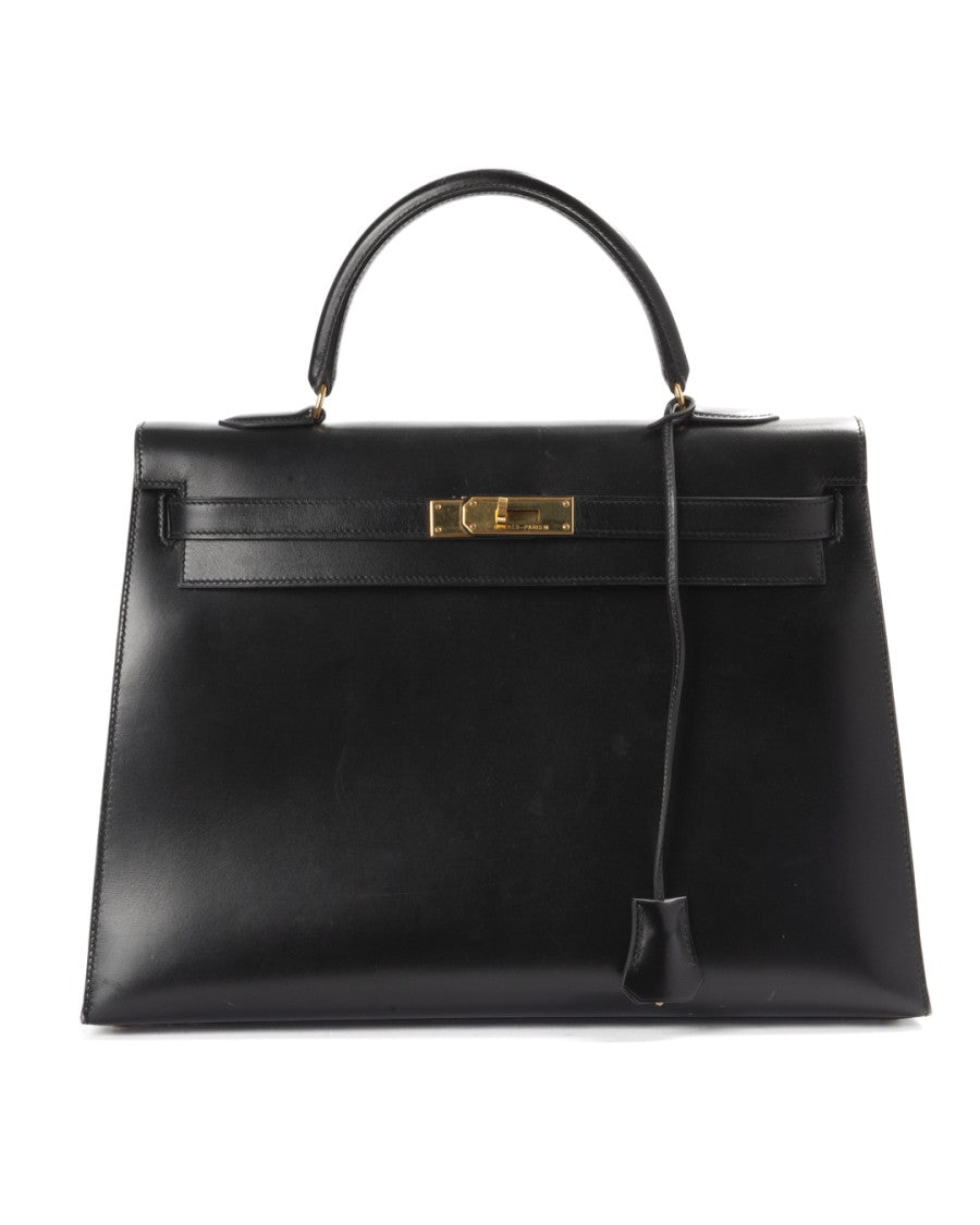 Hermès Black Box Leather Sac Kelly 35 Sellier Tote Bag