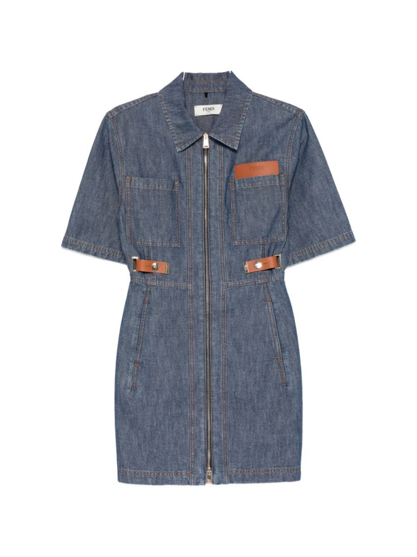 Fendi Structured Denim Contrast Leather Mini Dress