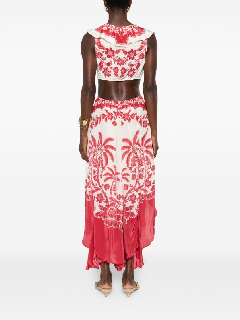 Farm Rio Red Botanical Motif Viscose Midi Dress