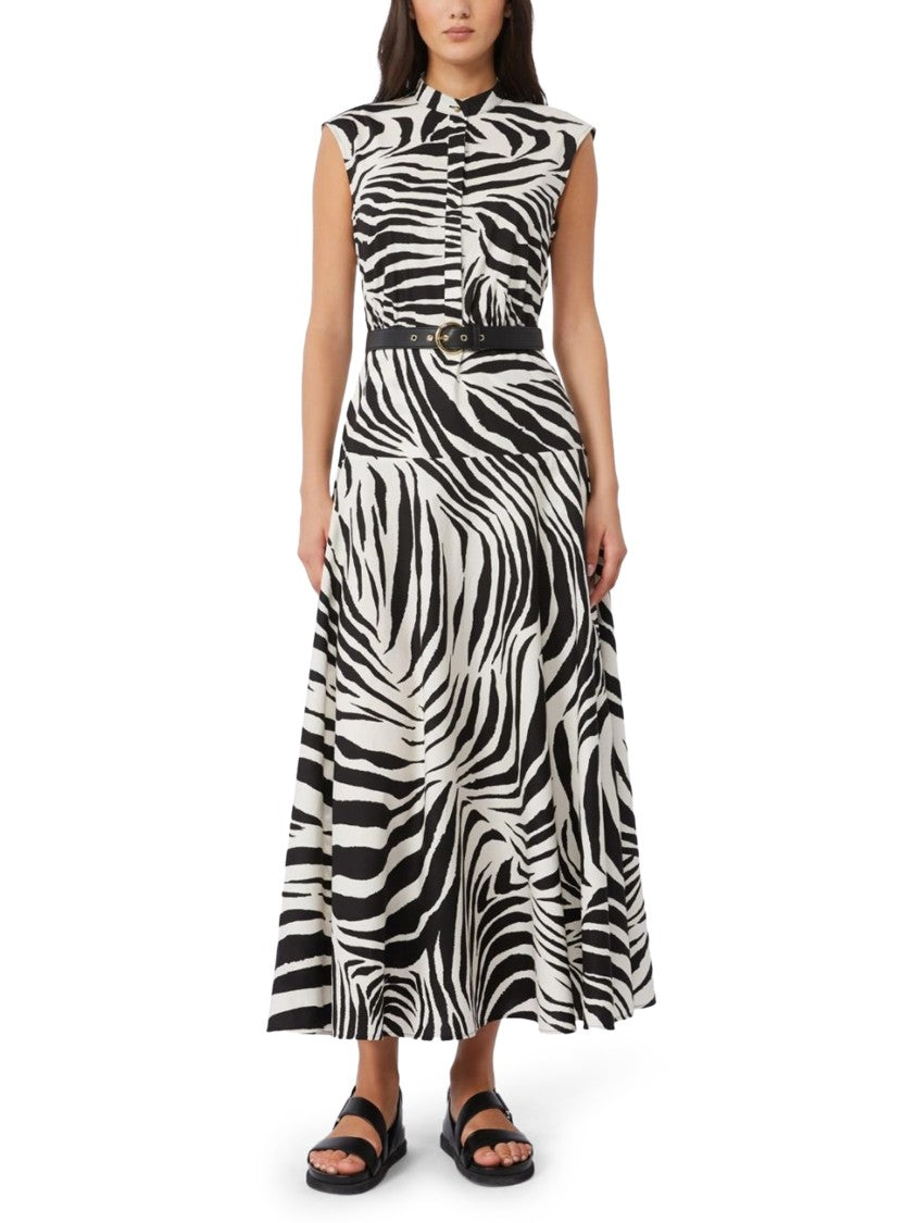 Max Mara Zebra Print Midi Dress With High Collar And Gold Buckle