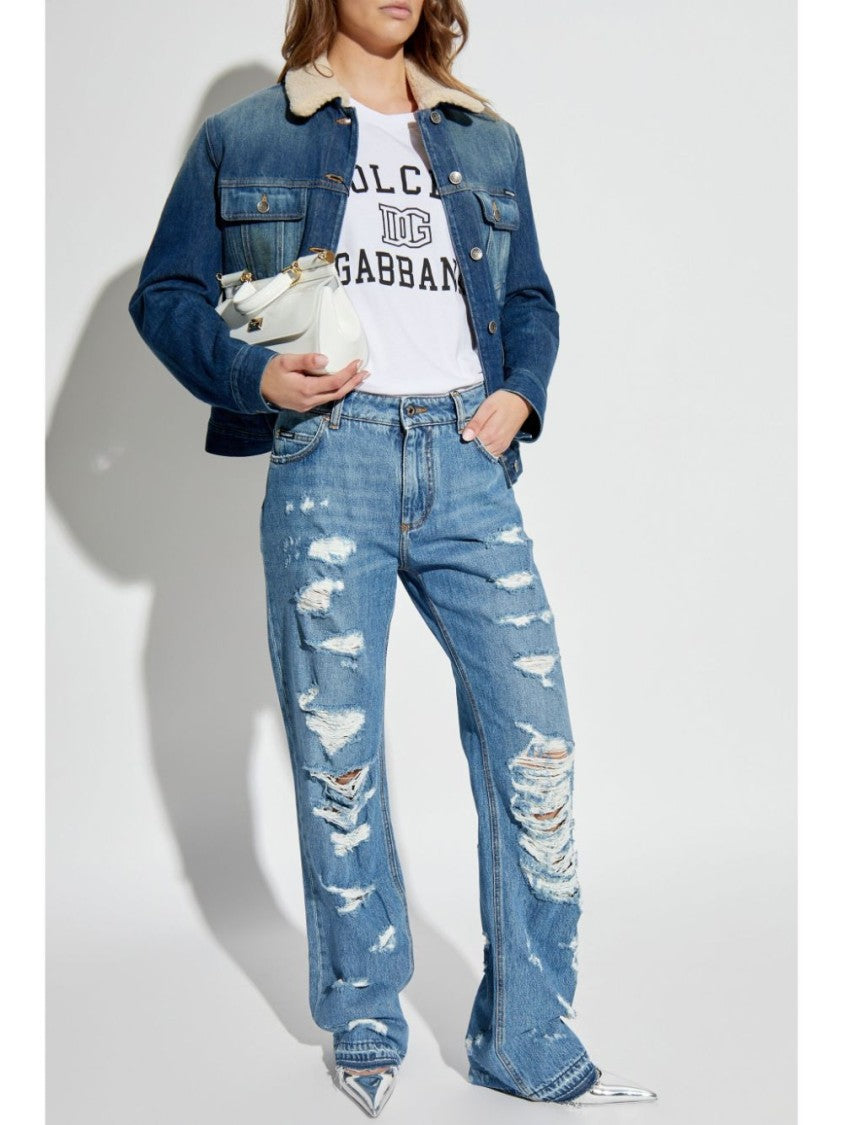 Dolce & Gabbana Faded Blue Denim Jacket With Faux Shearling Collar