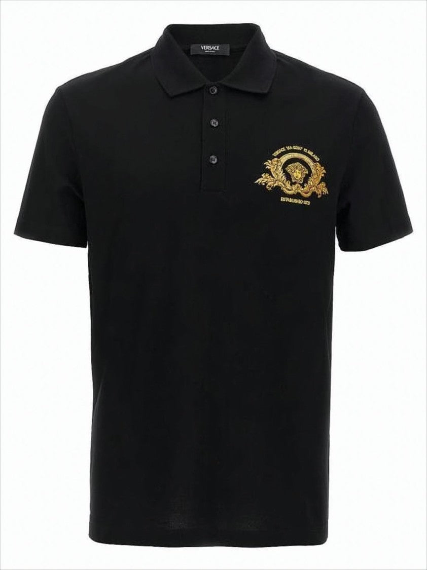 Versace Short-Sleeve Polo Shirt With Gold Embroidered Emblem