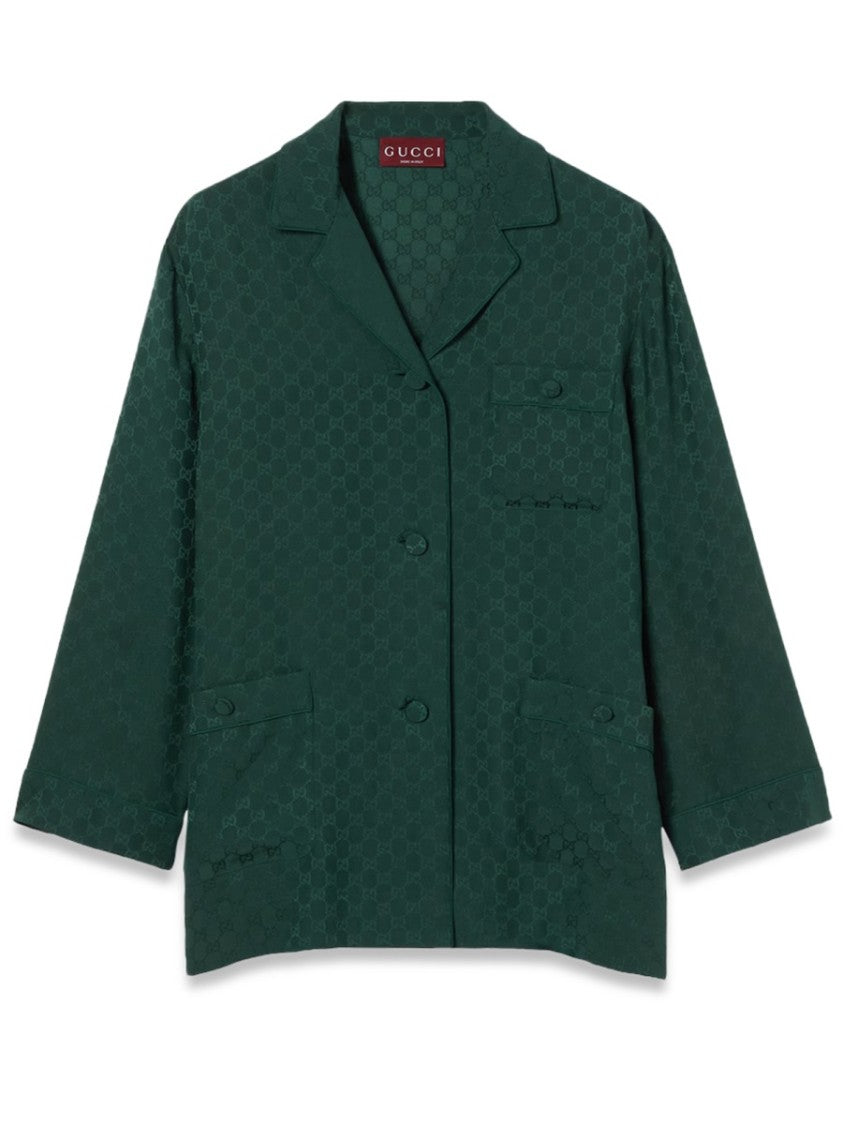 Gucci Dark Green Gg Jacquard Silk Shirt