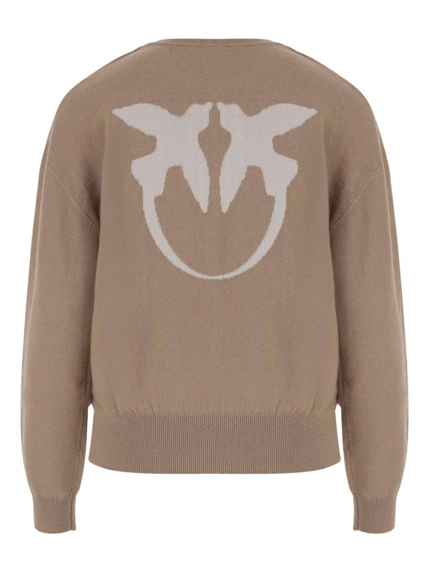 Pinko Cropped Wool-Cashmere Blend Sweater With Bird Motif