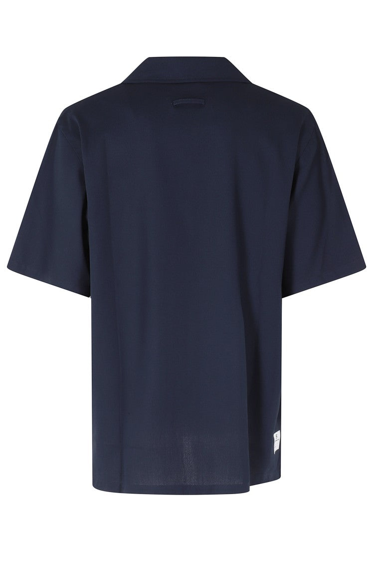Department 5 Navy Blue Cape Camp-Collar Patch-Pocket Cotton Casual Shirt