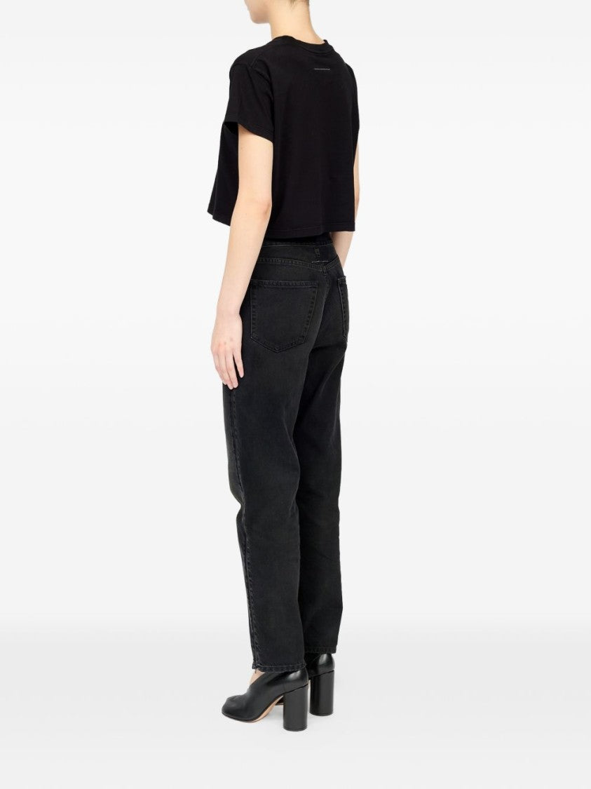 Mm6 By Maison Margiela Black Cropped Graphic Print T-Shirt