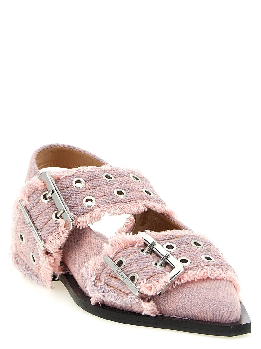 Ganni 'Feminine Buckle Fringed Denim' Slingback