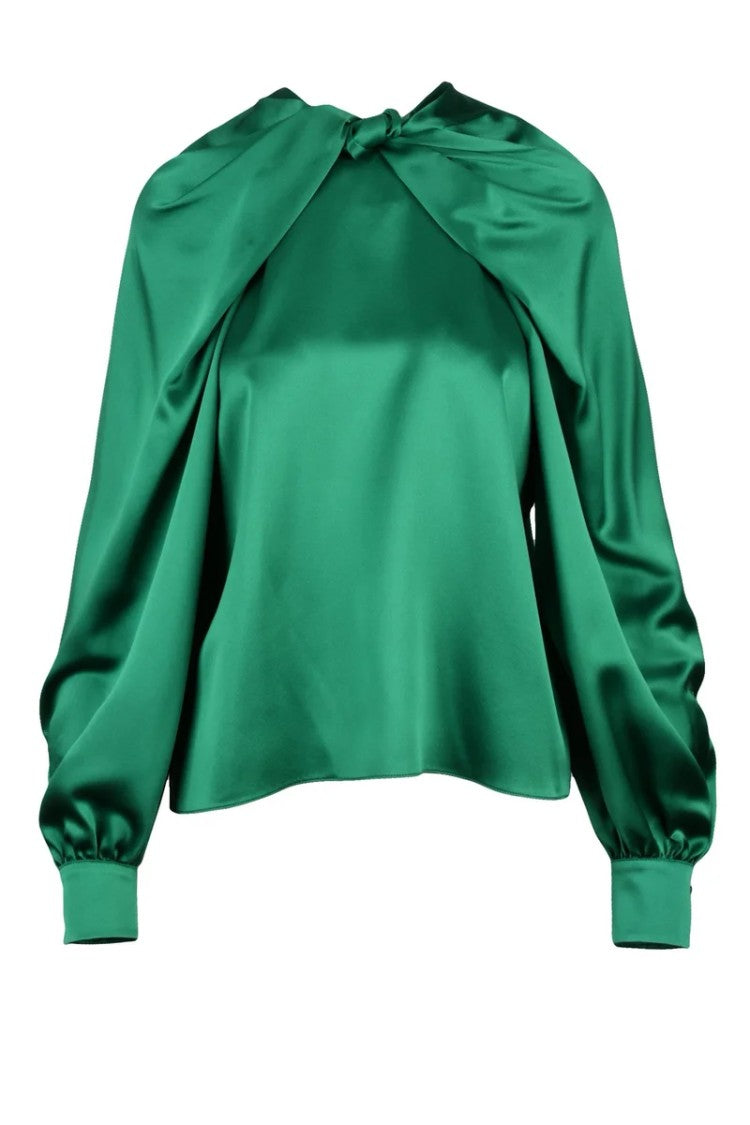 Max Mara Green Key Puff Sleeve Silk Blouse