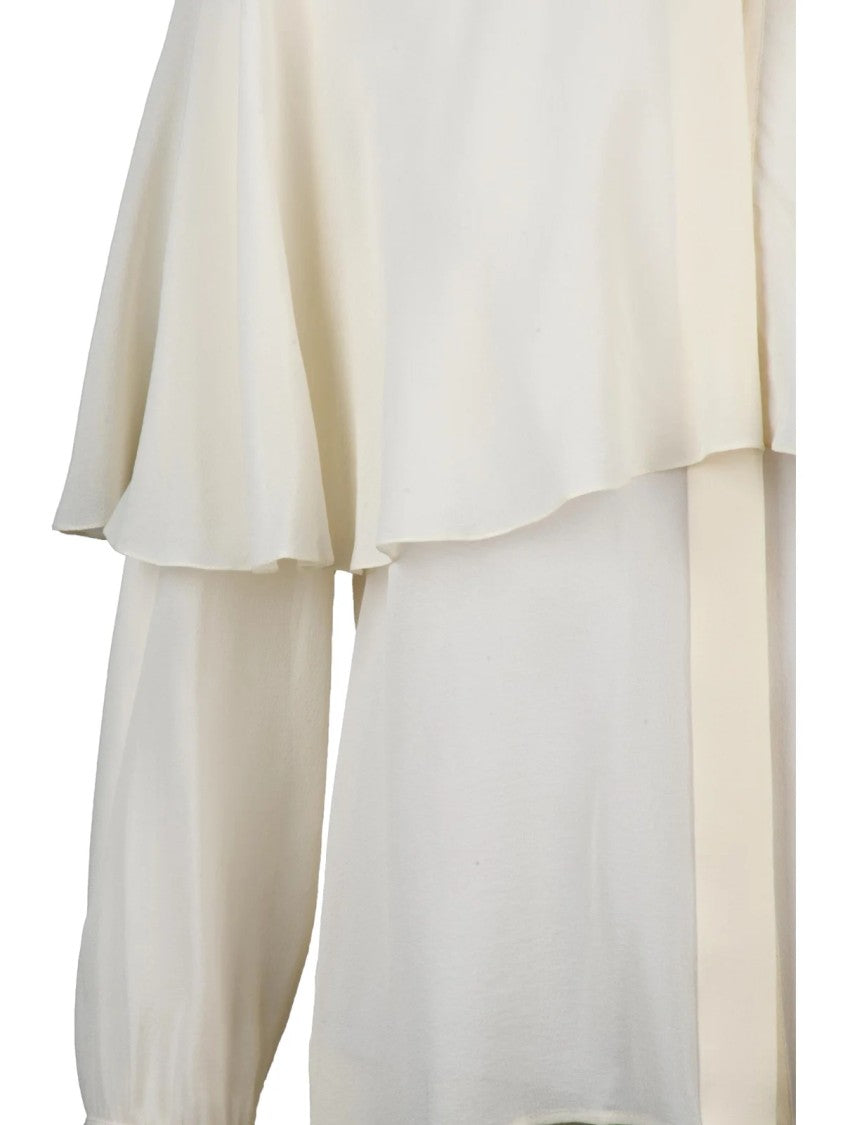 Chloé Cascading White Chiffon Blouse With Layered Overlay And Crew Neck Design