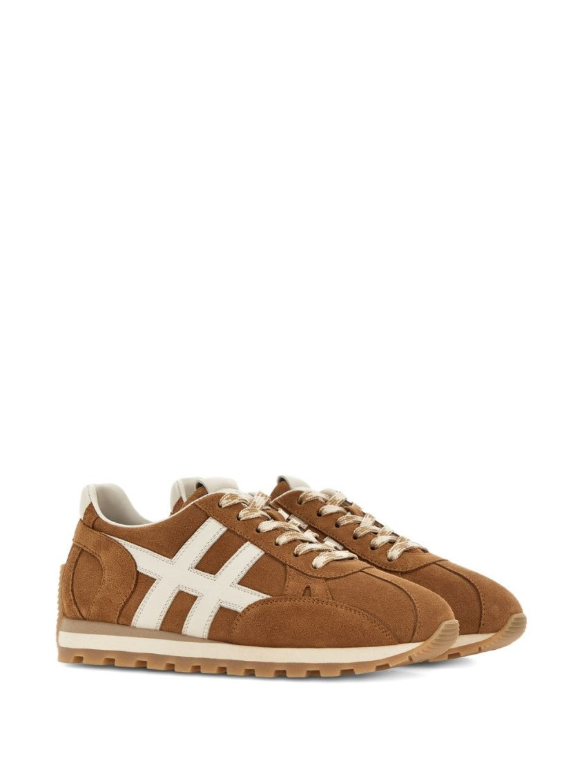 Hogan Brown Suede Flats With White Leather Accents And Rubber Sole