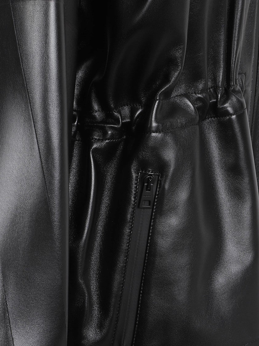 Givenchy Sleek Black Leather Coat With High Collar And Embossed Detailing