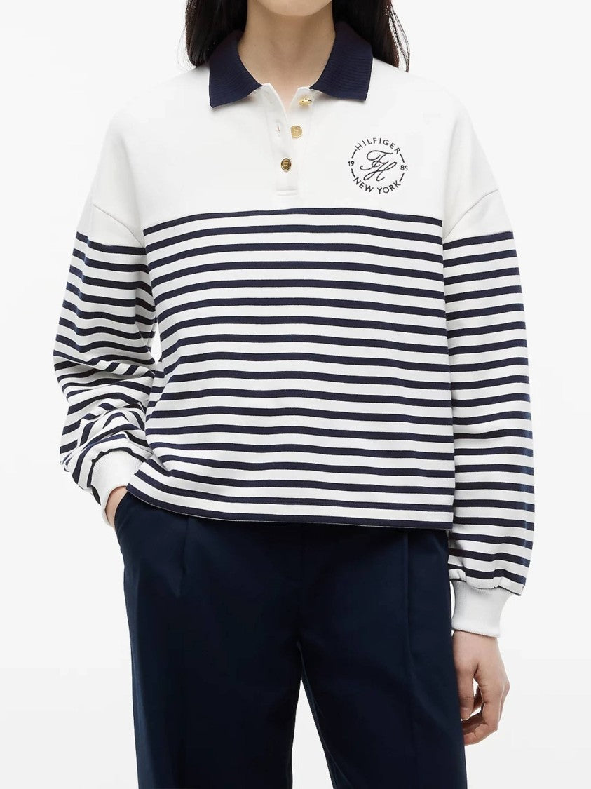 Tommy Hilfiger Striped Cotton Roundal Collar Cropped Sweatshirt