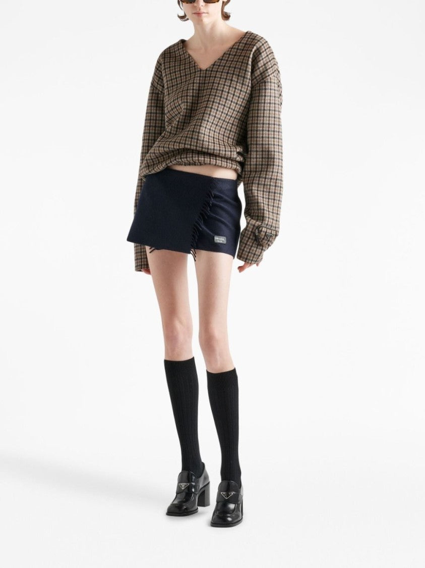 Prada Check Pattern V-Neck Angora-Virgin Wool Blend Top
