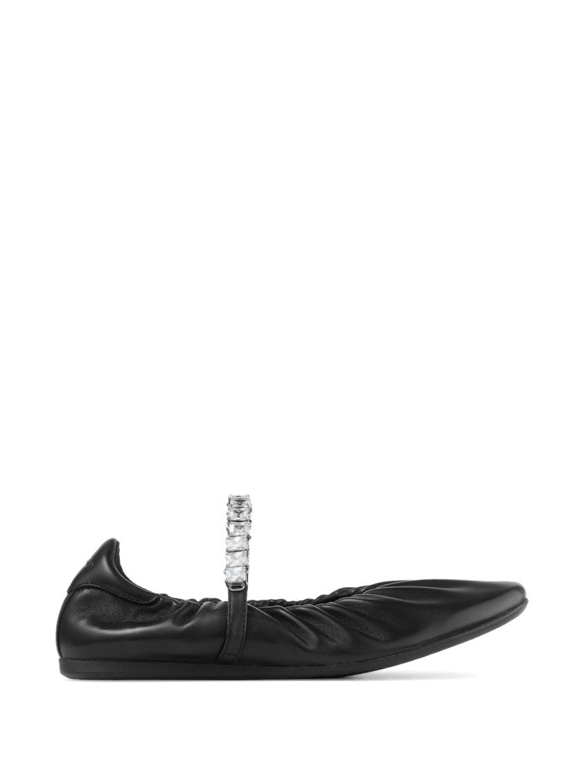 Jimmy Choo Soft Ruched Nappa Leather Ballerina Flats With Crystal Strap