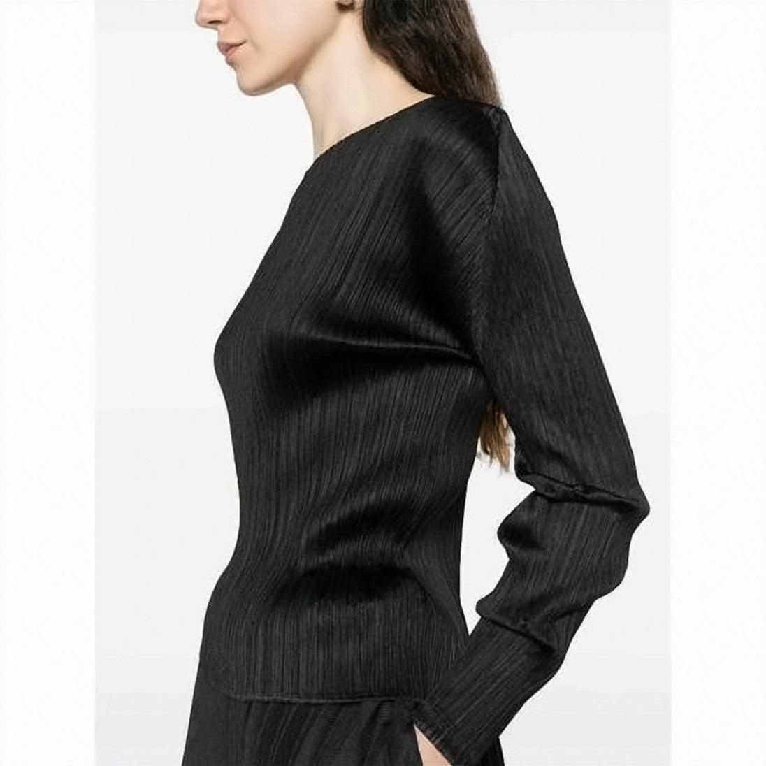 Pleats Please Textured Pleated Black Long-Sleeve Top