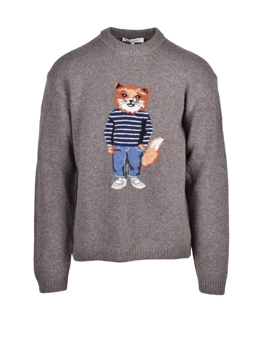 Maison Kitsuné Turquoise Embroidered Fox Wool-Blend Crewneck Sweater