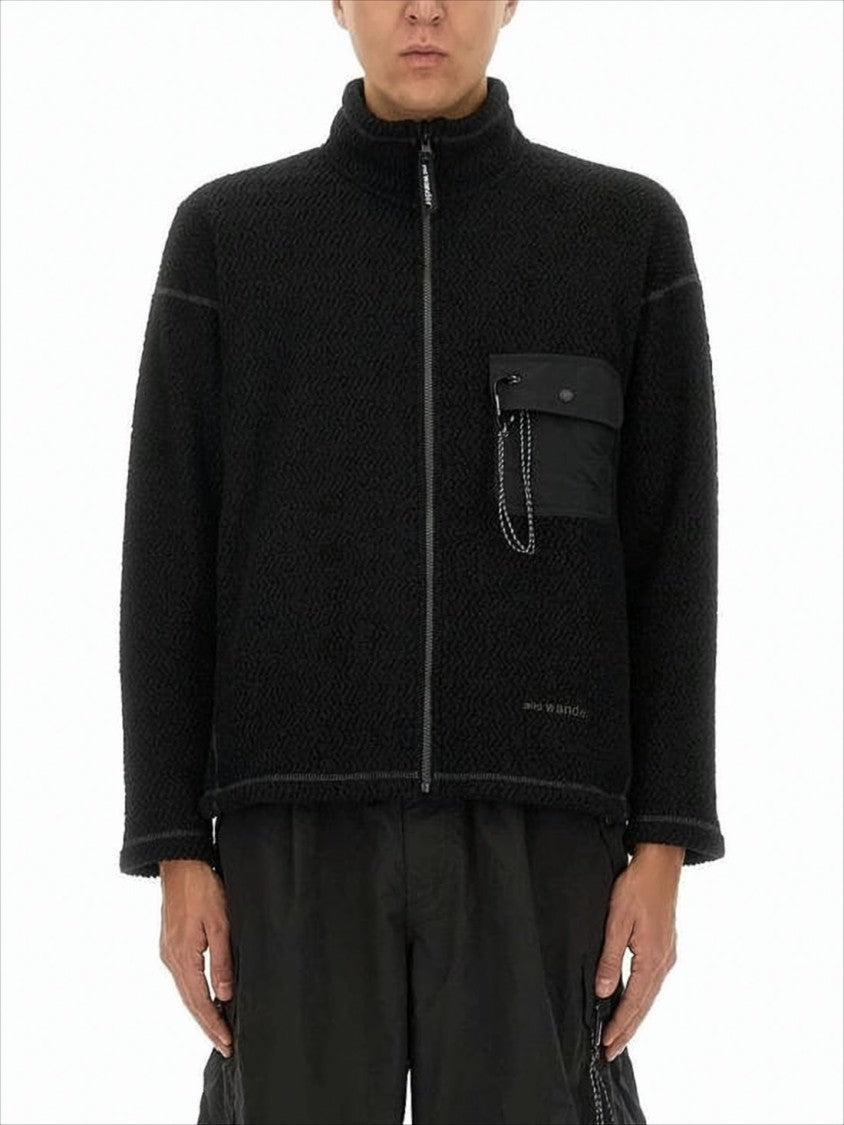 And Wander Textured Plush Black Casual Jacket With Stand Collar