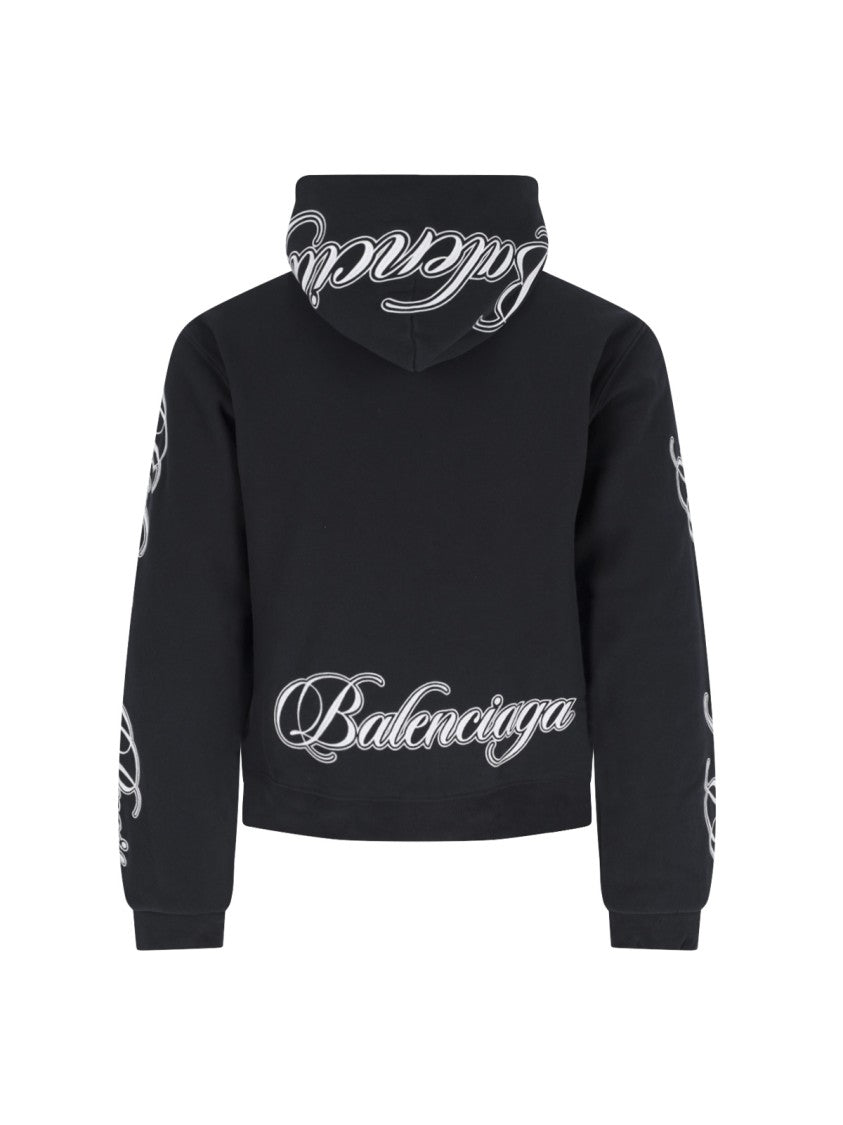 Balenciaga Black Cursive Logo Cotton Zip Hoodie