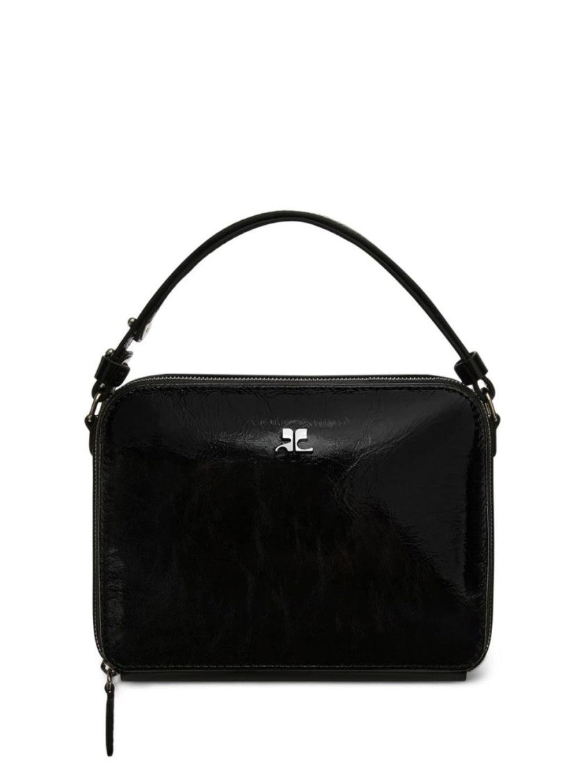 Courrèges Glossy Black Calf Leather Bag With Silver-Tone Accents