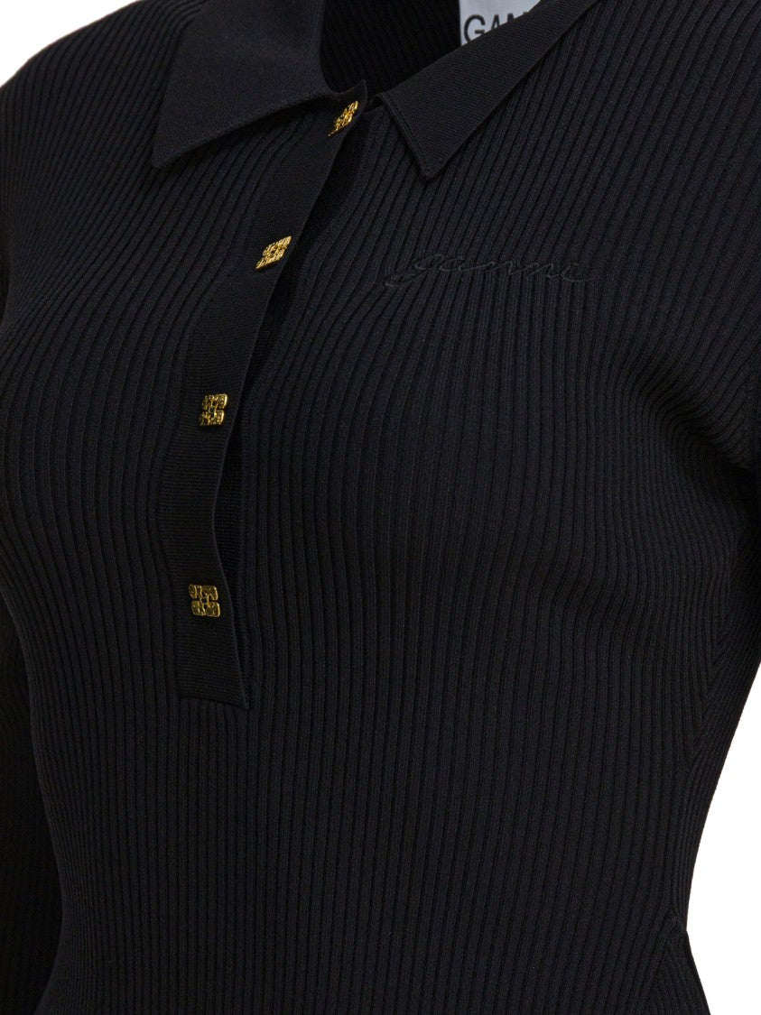 Ganni Black Flared Dress With Ribbed Details