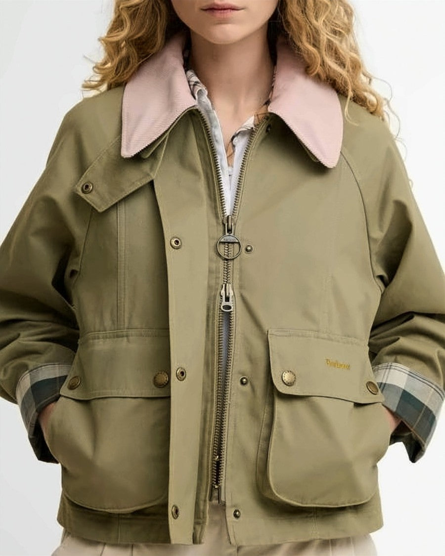 Barbour Cropped Olive Green Jacket With Pink Corduroy Collar