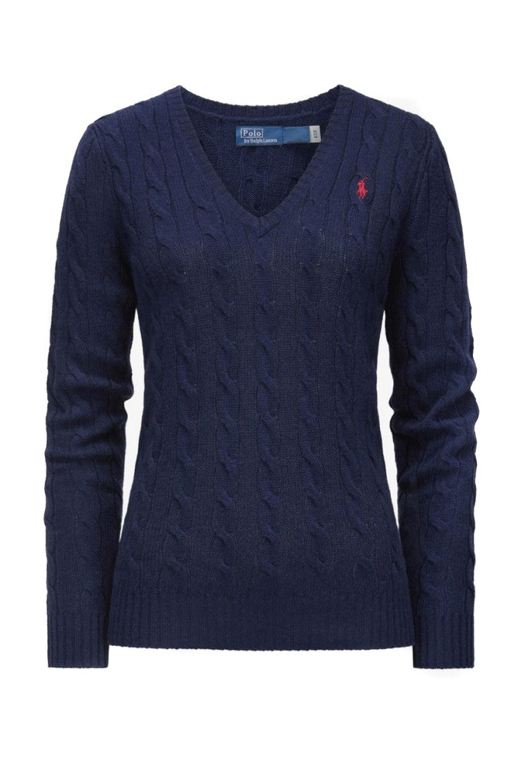 Polo Ralph Lauren Navy Cable-Knit V-Neck Wool-Cashmere Sweater